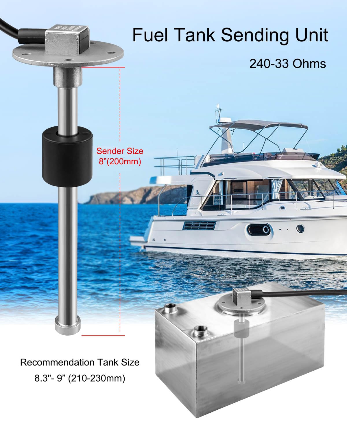 Fuel Level Sending Unit 240-33 ohms 8''(200mm) for Marine Boat Truck Car, Fuel Water Level Gauge Sensor Stainless Steel Fuel Gas